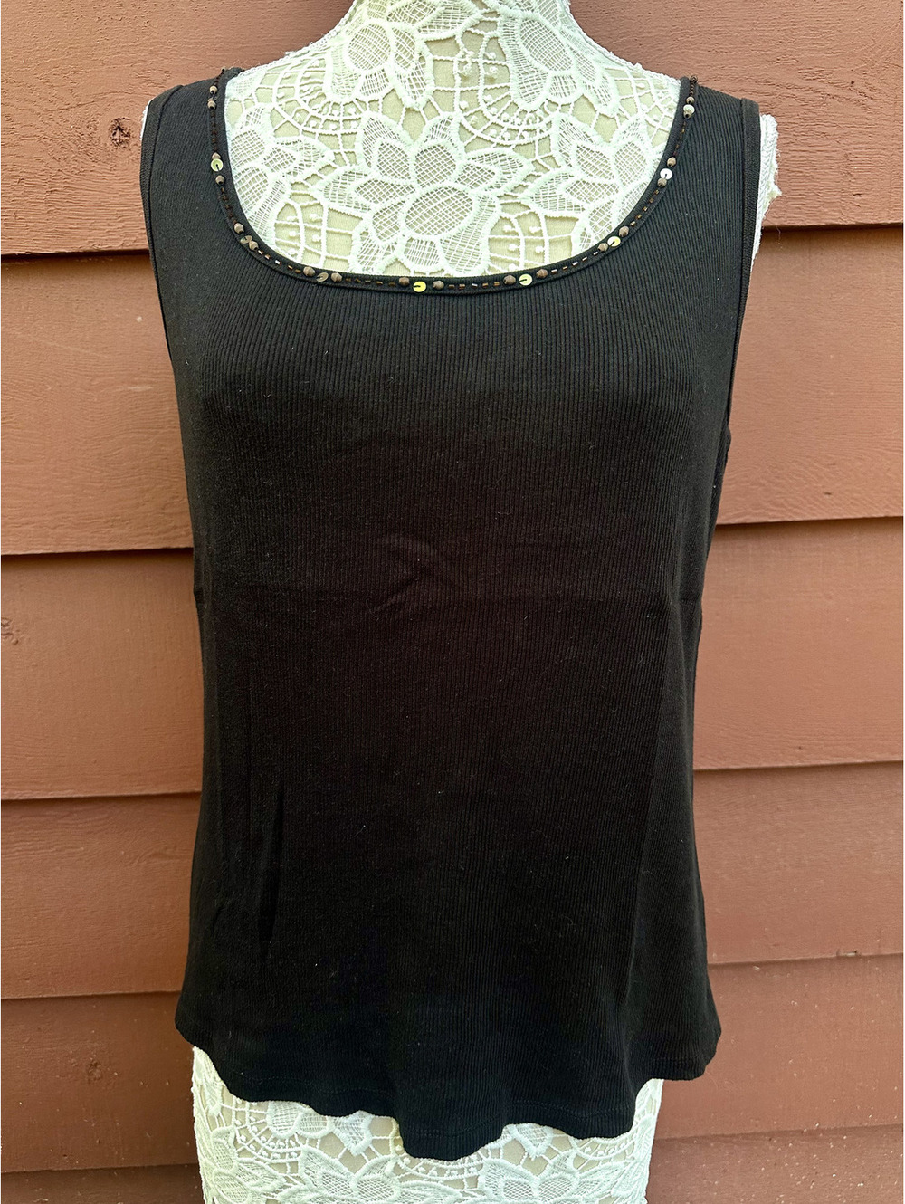 St. John's Bay Y2K Black Ribbed Tank Top with Beaded Neckline